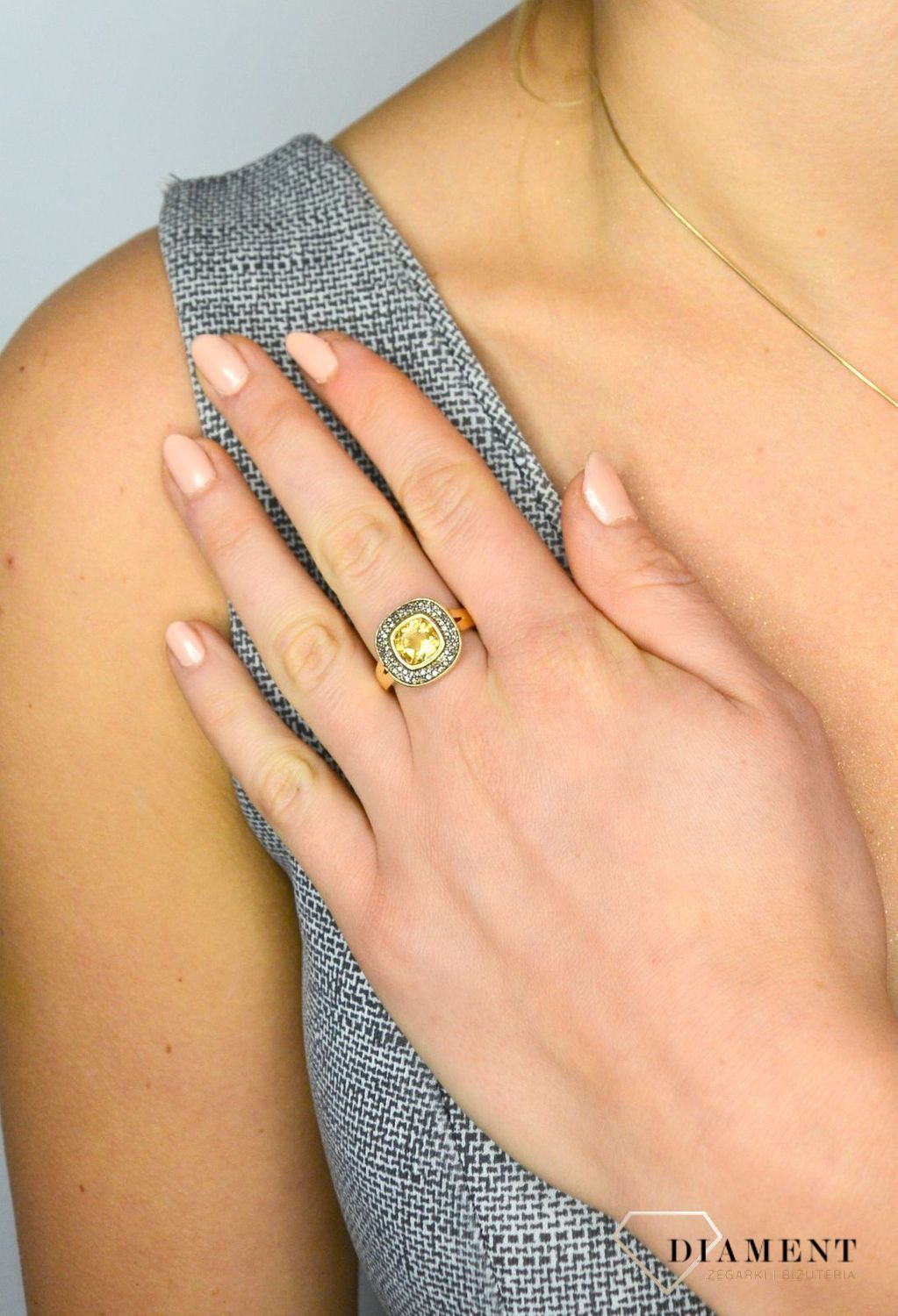 Złota pierścionek DIAMENT cytryn, diamenty R 2354CTCH.jpg